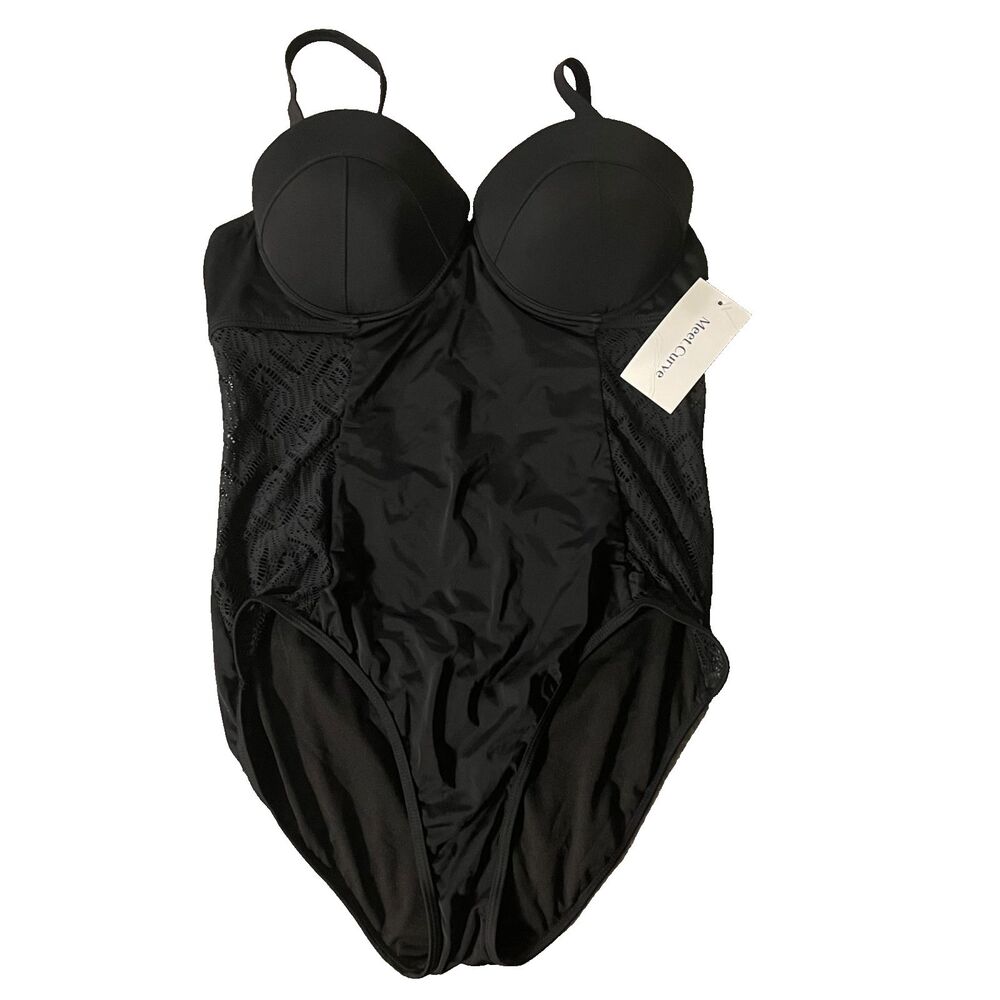 NWT WOMENS MEET CURVE BLACK ONE PIECE SWIMSUIT SIZE XL LACE CUT OUT ON SIDE‎